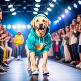 labrador retriever strutting down the fashion show catwalk stage in trendy streetwear including a cool hoodie and sneakers, high energy and trendy.