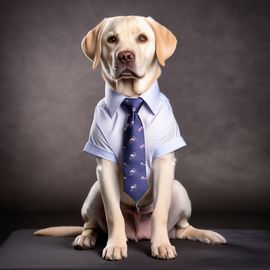 labrador retriever in a stylish shirt and tie, with a diffused background, capturing their cute and professional side.