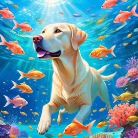 labrador retriever swimming in a magical blue ocean with colorful fish and coral reef, capturing a dreamy and adventurous underwater scene.