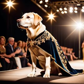 labrador retriever strutting down the fashion show catwalk stage in a luxurious velvet cape with gold embroidery, high energy and majestic.