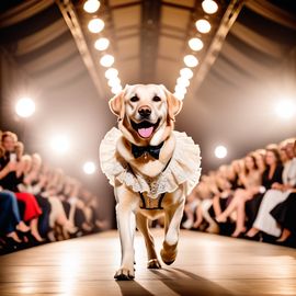 labrador retriever strutting down the fashion show catwalk stage in a vintage victorian outfit with lace and ruffles, high energy and majestic.