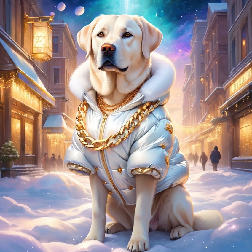 labrador retriever in a white puffer coat with golden hip hop chains, in a posh urban environment, looking cute and happy.