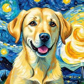 labrador retriever by van gogh, featuring starry night brush strokes, capturing a cute and happy expression.