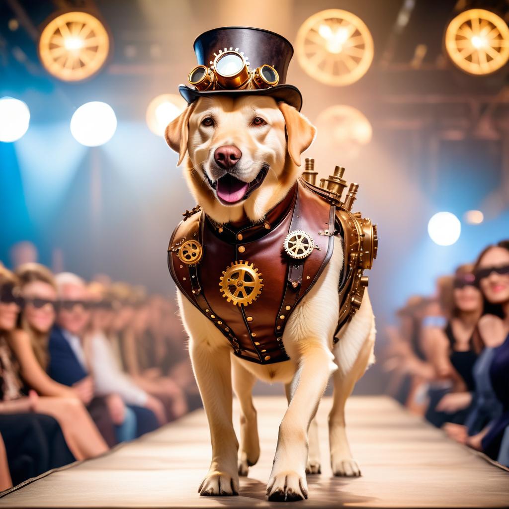 labrador retriever strutting down the fashion show catwalk stage in an elaborate steampunk outfit featuring leather harnesses, brass gears, and a top hat, high energy and dramatic.