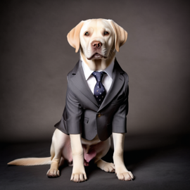 labrador retriever in a stylish suit, posing against a diffused background, looking cute and professional.