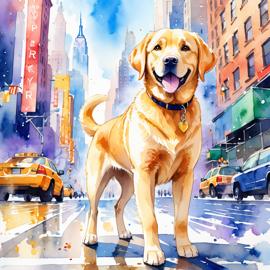 labrador retriever in new york, rendered in a vibrant watercolor illustration, with a highly detailed and happy depiction.