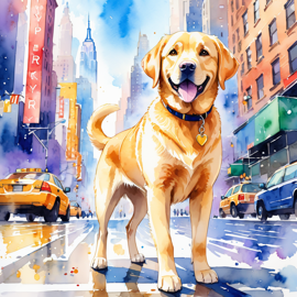 labrador retriever in new york, rendered in a vibrant watercolor illustration, with a highly detailed and happy depiction.