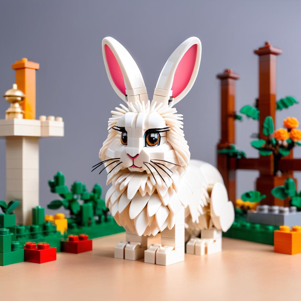 english angora rabbit made of lego bricks in a professional studio photo, detailed and colorful lego environment.