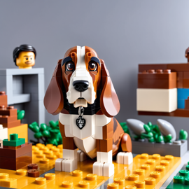 basset hound made of lego bricks in a professional studio photo, detailed and colorful lego environment.