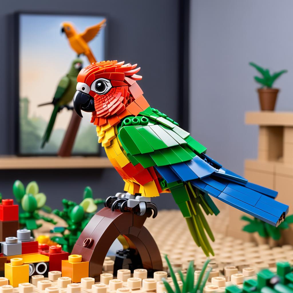 conure bird made of lego bricks in a professional studio photo, detailed and colorful lego environment.