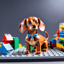 dachshund made of lego bricks in a professional studio photo, detailed and colorful lego environment.