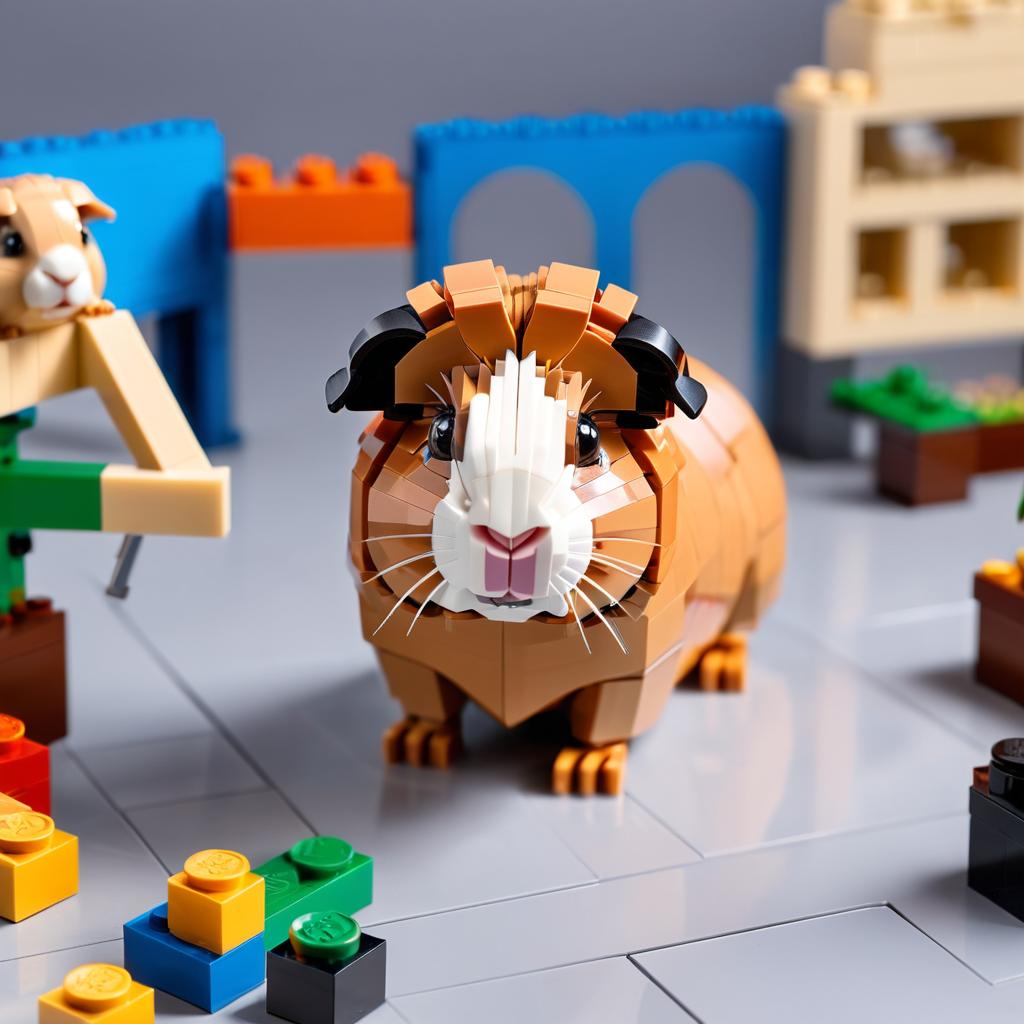 peruvian guinea pig made of lego bricks in a professional studio photo, detailed and colorful lego environment.