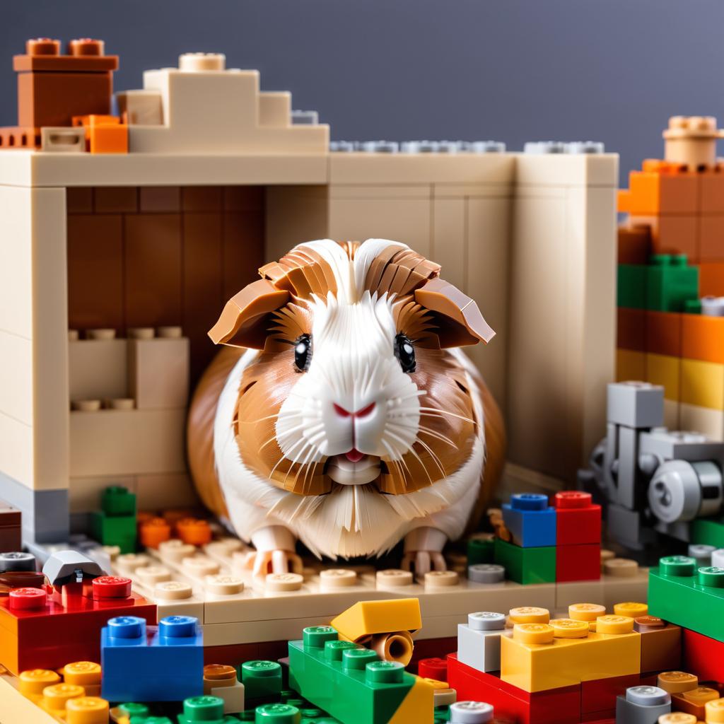 teddy guinea pig made of lego bricks in a professional studio photo, detailed and colorful lego environment.