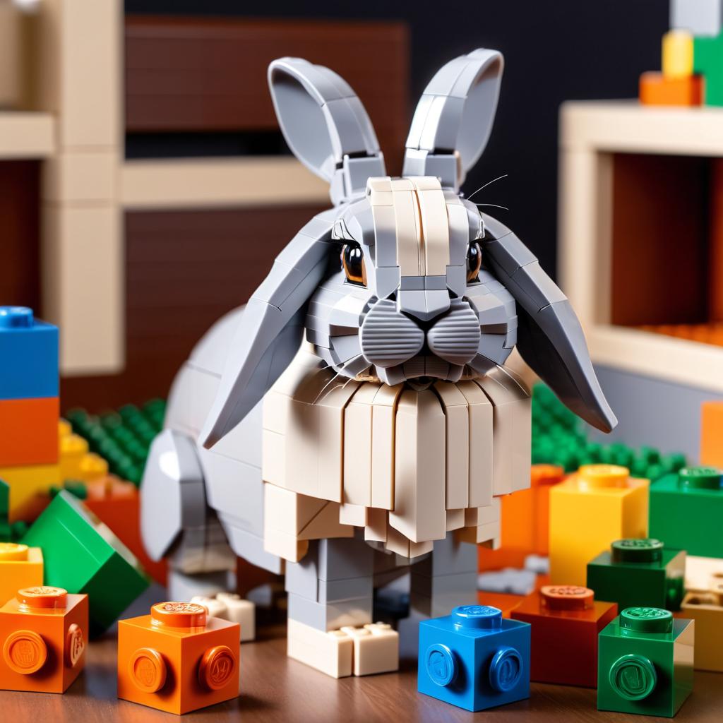 holland lop rabbit made of lego bricks in a professional studio photo, detailed and colorful lego environment.