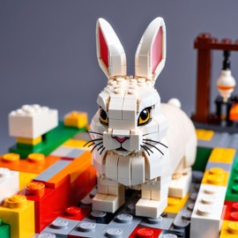 netherland dwarf rabbit made of lego bricks in a professional studio photo, detailed and colorful lego environment.