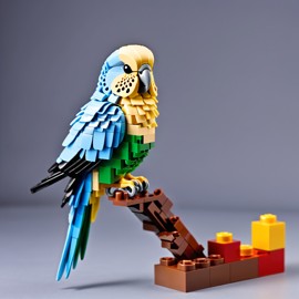 parakeet (budgerigar) bird made of lego bricks in a professional studio photo, detailed and colorful lego environment.