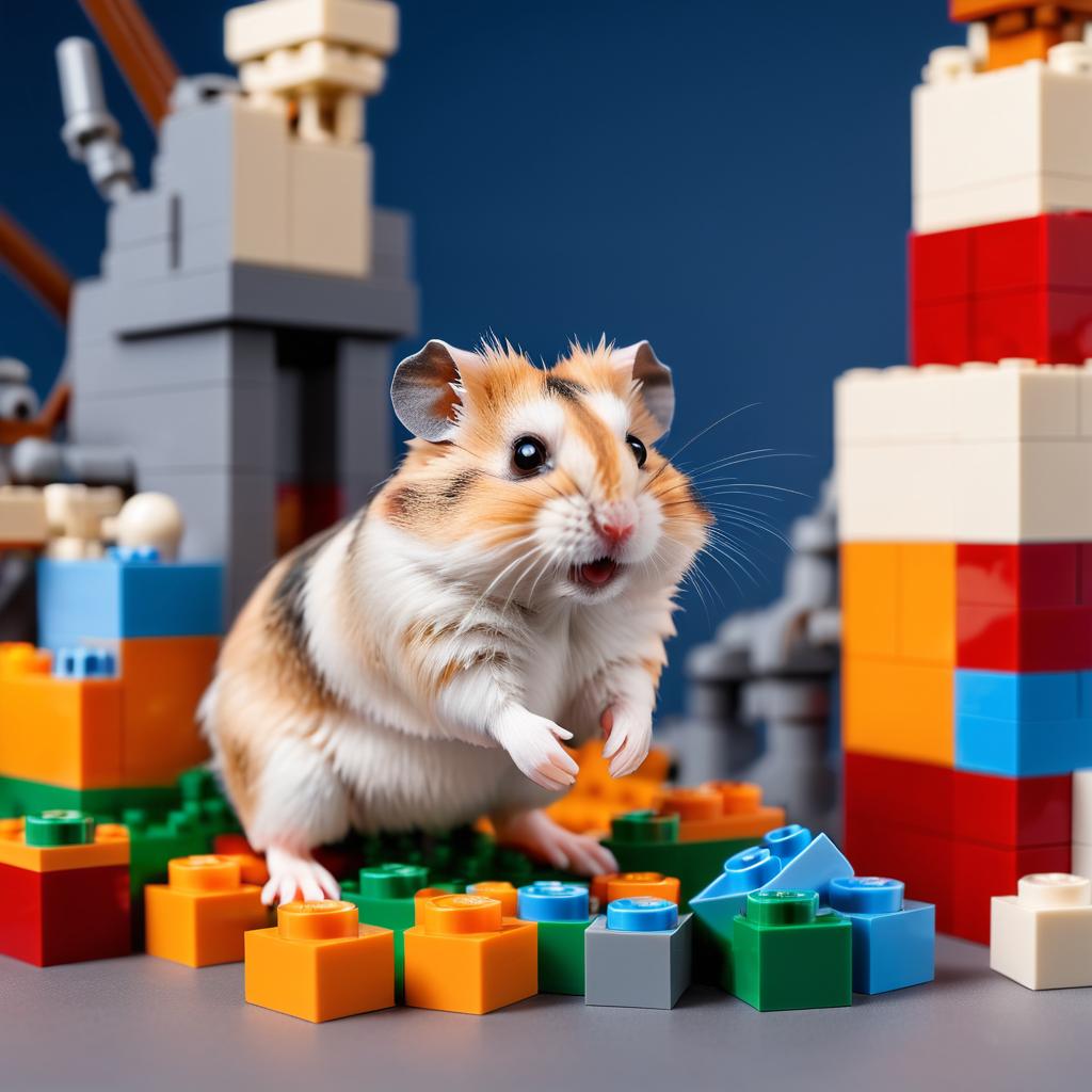 roborovski dwarf hamster made of lego bricks in a professional studio photo, detailed and colorful lego environment.