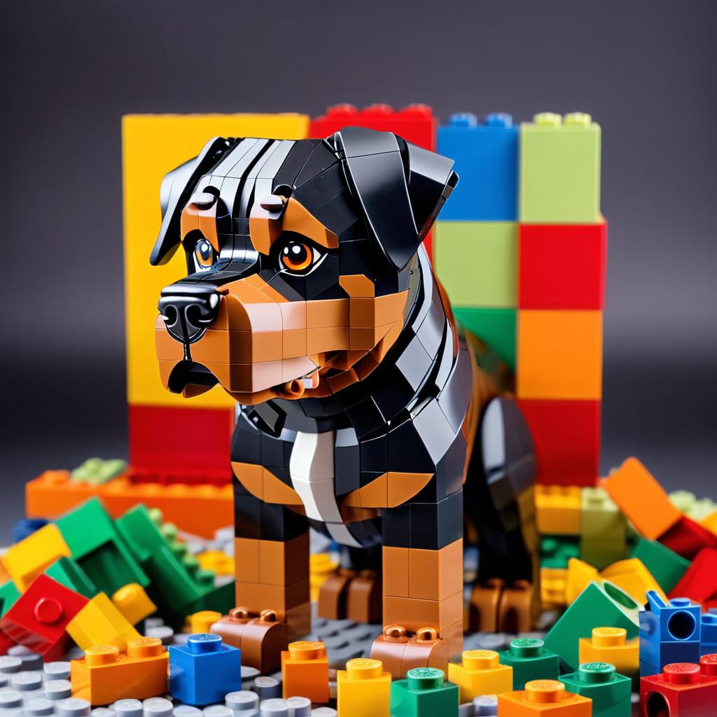 rottweiler made of lego bricks in a professional studio photo, detailed and colorful lego environment.