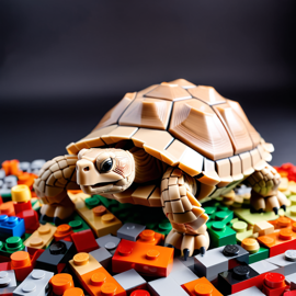 sulcata tortoise turtle/tortoise made of lego bricks in a professional studio photo, detailed and colorful lego environment.