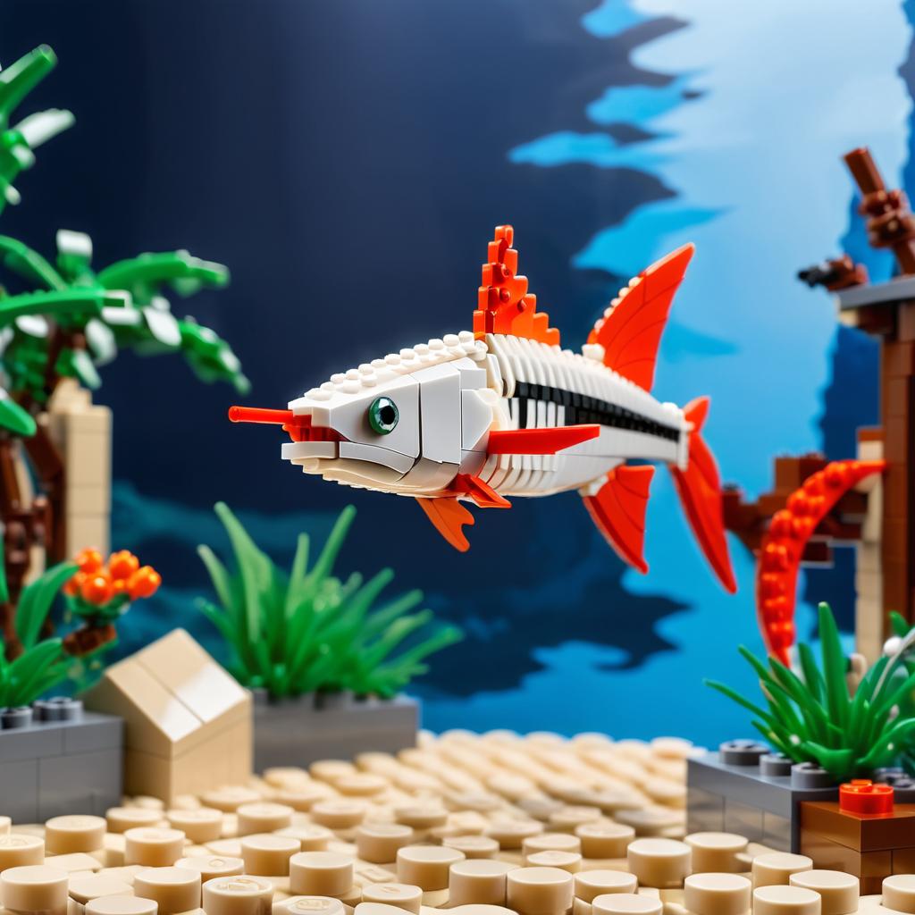 swordtail fish made of lego bricks in a professional studio photo, detailed and colorful lego environment.