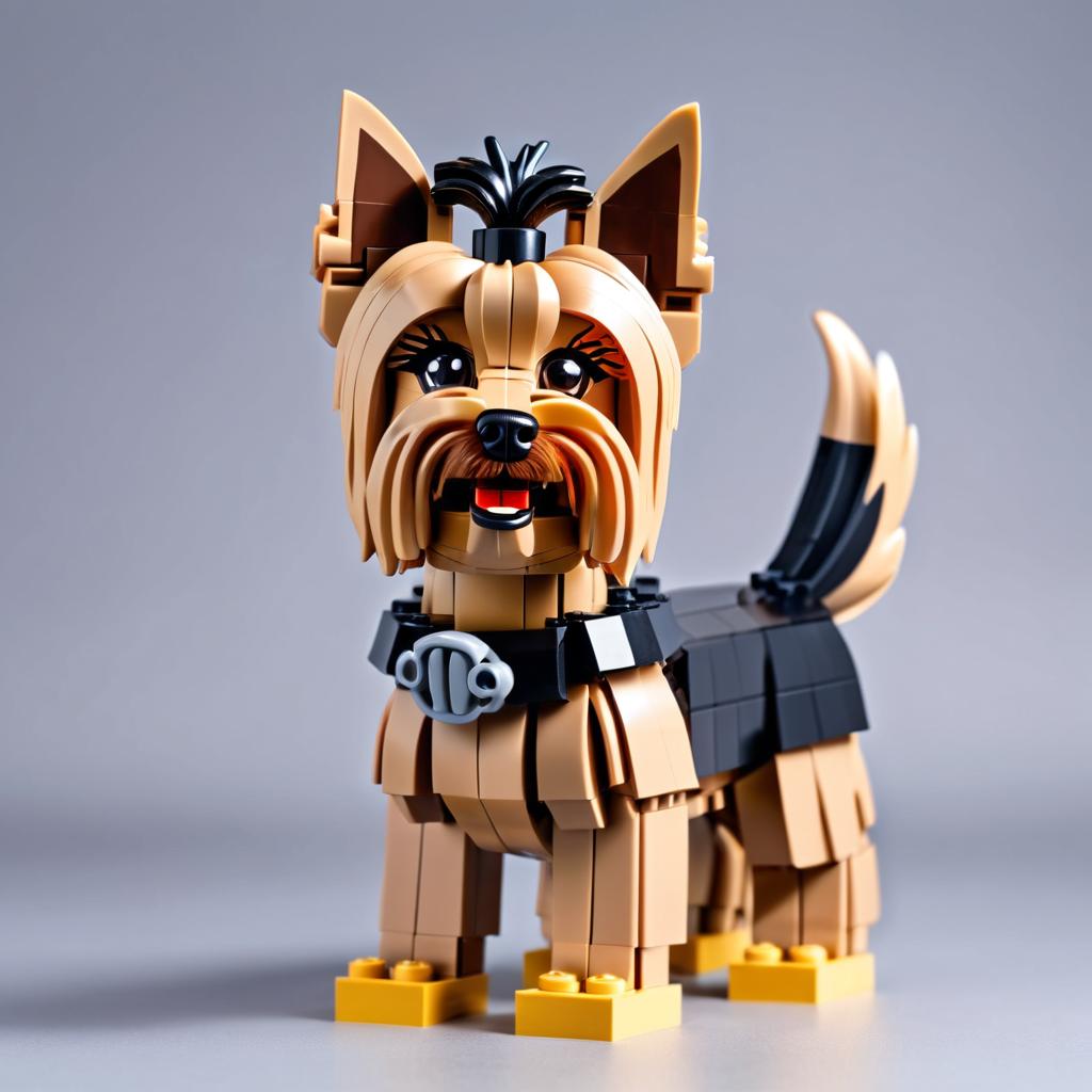 yorkshire terrier made of lego bricks in a professional studio photo, detailed and colorful lego environment.