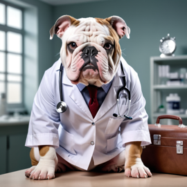 bulldog as a doctor with extreme detail in a studio setting, lifelike and high resolution.