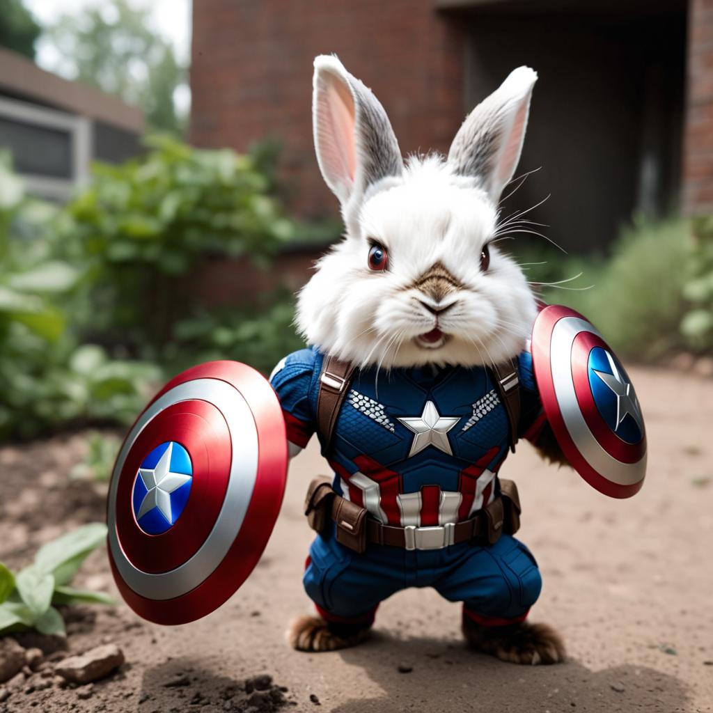 lionhead rabbit as captain america from avengers, in action, cute and happy.