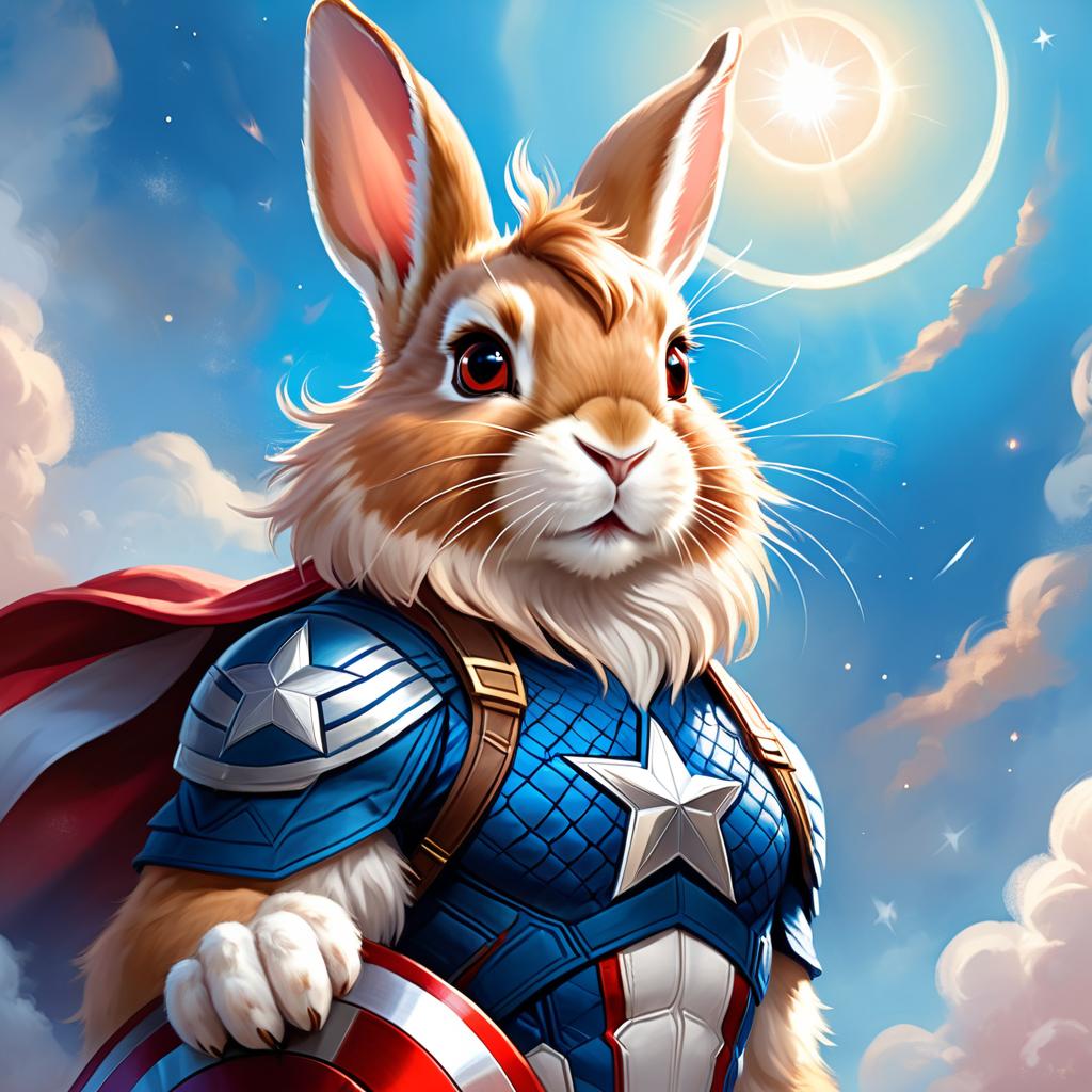 lionhead rabbit as captain america from avengers, ethereal and magical.