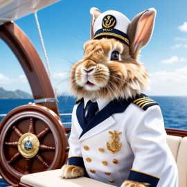 lionhead rabbit as a captain on a luxury yacht, wearing captain uniform, highly detailed.