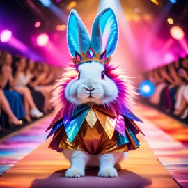 lionhead rabbit strutting down the fashion show catwalk stage in an extravagant cosmic-themed outfit with iridescent fabrics, high energy and extravagant.