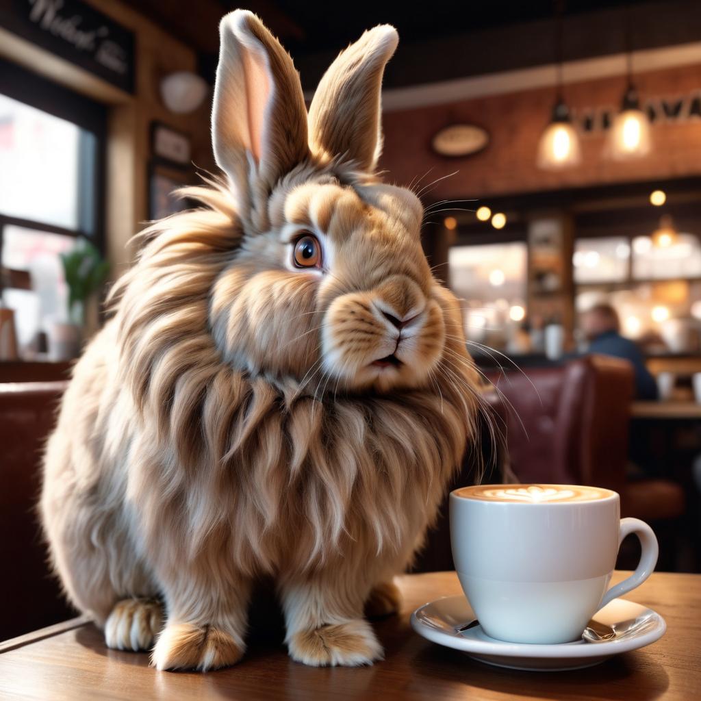 lionhead rabbit sitting in a cozy coffee shop, lifelike and detailed.