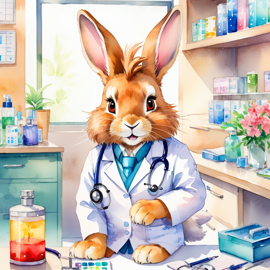 watercolor painting of lionhead rabbit as a doctor in a hospital, vibrant and highly detailed, in a studio anime style.