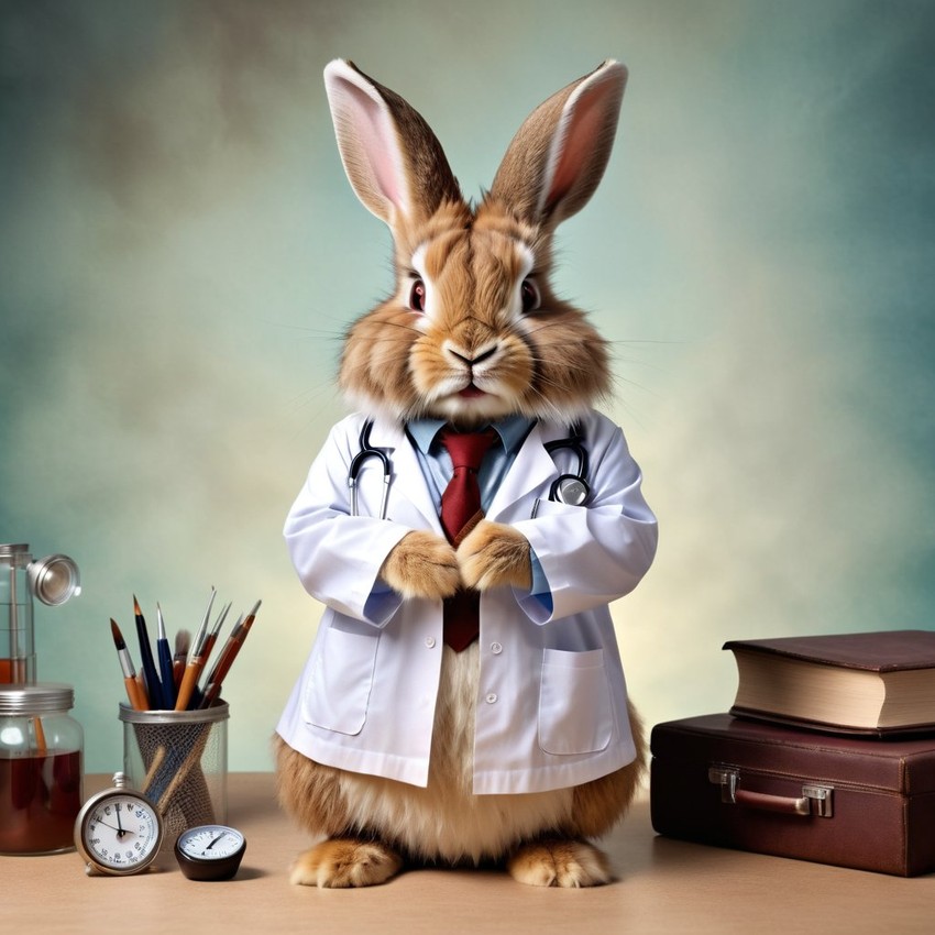 lionhead rabbit as a doctor with extreme detail in a studio setting, lifelike and high resolution.