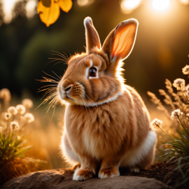 lionhead rabbit in golden hour light, highlighting their beauty in nature with a moody and detailed atmosphere.