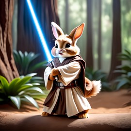 lionhead rabbit as a jedi knight, featuring a lightsaber and a star wars environment in a high-detail, epic style.