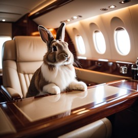 lionhead rabbit in a gulfstream private jet, dressed in elegant clothing, capturing a posh and happy moment.