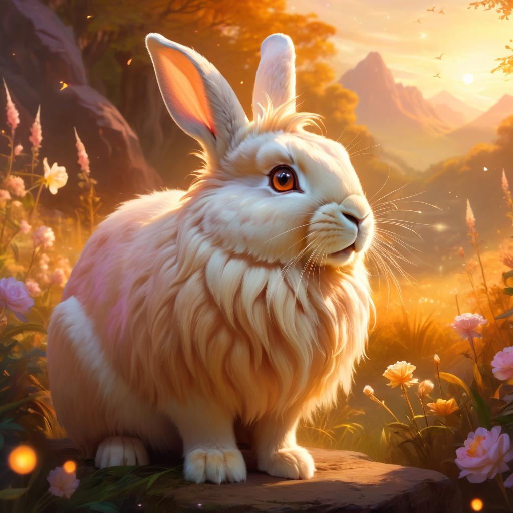 lionhead rabbit during golden hour, with a celestial and magical atmosphere, capturing their beauty in a dreamy setting.