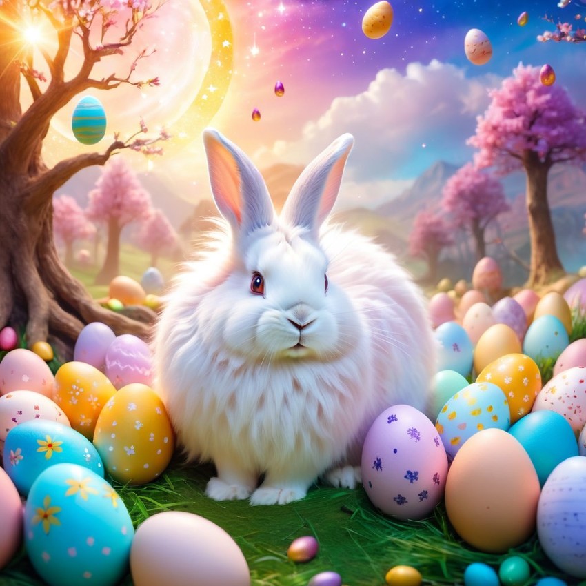 lionhead rabbit in a magical easter setting with colorful eggs, ethereal and dreamy details.