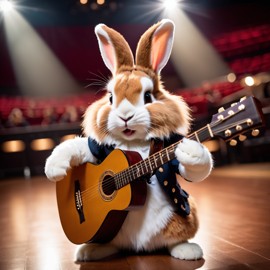 lionhead rabbit as a musician playing guitar in a cinematic concert hall, capturing dynamic and high-energy performance.