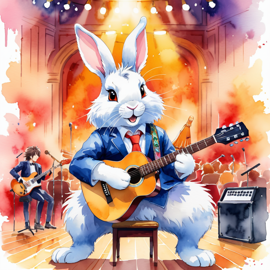 lionhead rabbit as a musician in a watercolor painting, playing guitar in a vibrant and detailed concert hall scene.