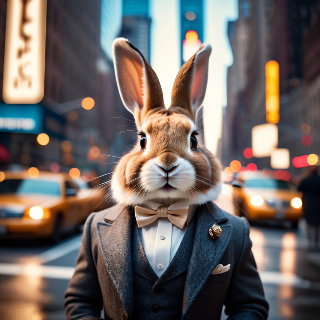 lionhead rabbit in new york, dressed in classy clothing, against an iconic nyc backdrop with a cinematic, high-detail style.