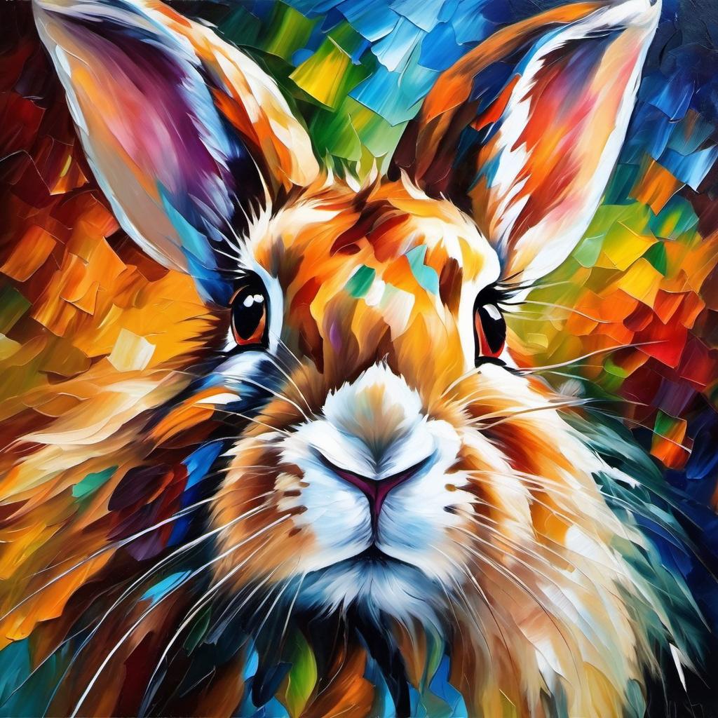 knife oil painting of lionhead rabbit in the style of leonid afremov and degas, featuring vibrant, textured brushstrokes.