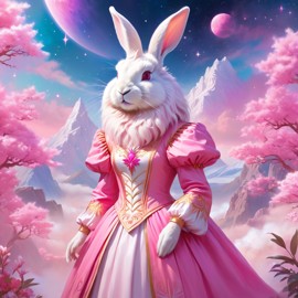 lionhead rabbit in pink clothing, set in a beautiful pink scene with a dreamy, magical vibe.