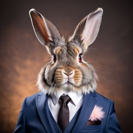 lionhead rabbit in a stylish suit, posing against a diffused background, looking cute and professional.