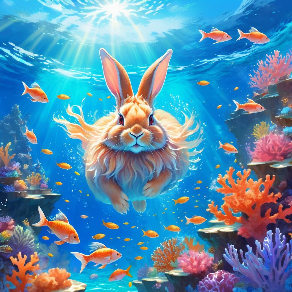 lionhead rabbit swimming in a magical blue ocean with colorful fish and coral reef, capturing a dreamy and adventurous underwater scene.