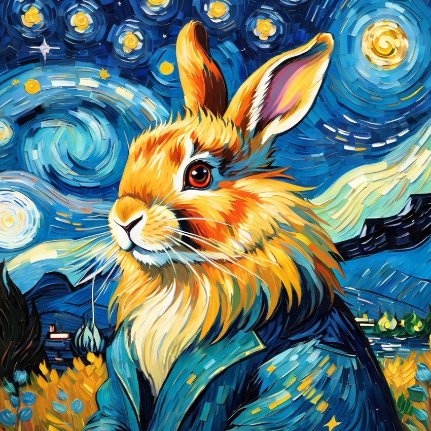 lionhead rabbit by van gogh, featuring starry night brush strokes, capturing a cute and happy expression.