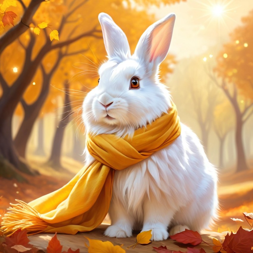 lionhead rabbit in a yellow scarf, ethereal and magical style.