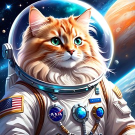 domestic longhair cat as astronaut in space, ethereal and magical style, wearing spacesuit.