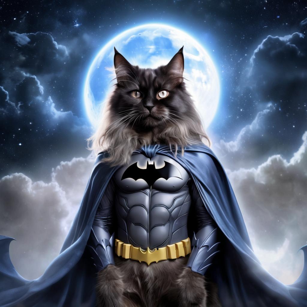 domestic longhair cat as batman, ethereal and majestic, wearing batman suit and mask.