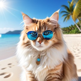 domestic longhair cat on a beautiful beach with white sand and blue sea, wearing sunglasses.